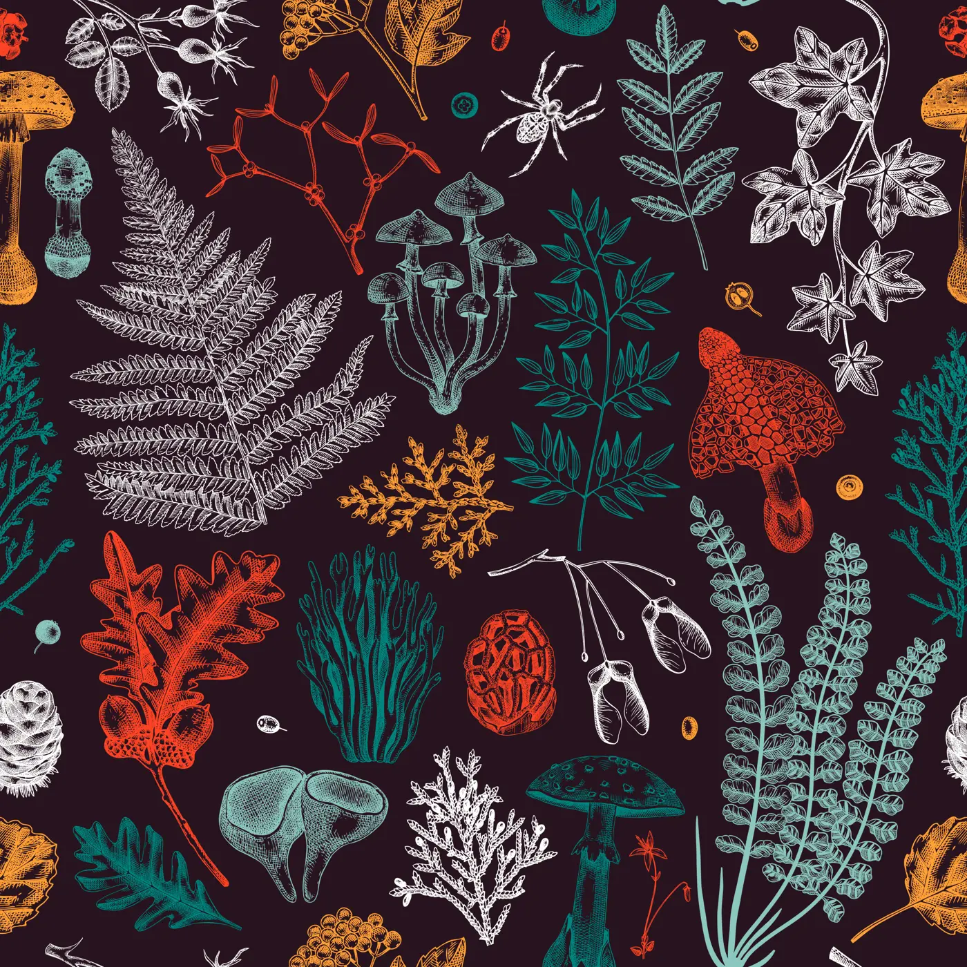 Vector seamless pattern with fern leaf, mushrooms, fall leaves and autumn plant sketches. Monochrome botanical repeating texture. Hand drawn autumn forest background. Vintage nature design for print Illustration
